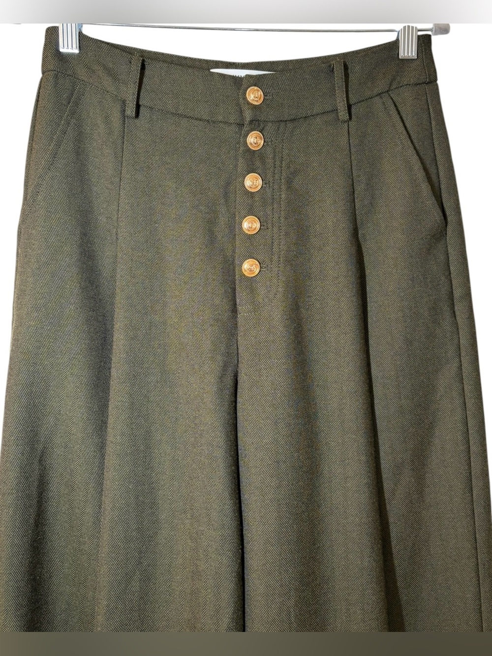 Commense High-Waisted Button-Front Wide-Leg Pants Dark Olive Green Size S Preppy - Picture 6 of 10